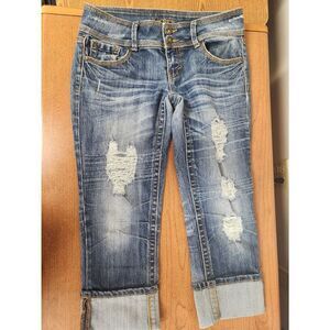 Almost Famous Capri Jeans Juniors 7 Blue Cuffed Hem Low Rise Distressed